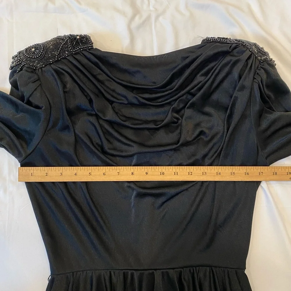 Vintage 80s Women's Elegant Black Draped Dress with Beaded Details by Abby Kent - Picture 8 of 11